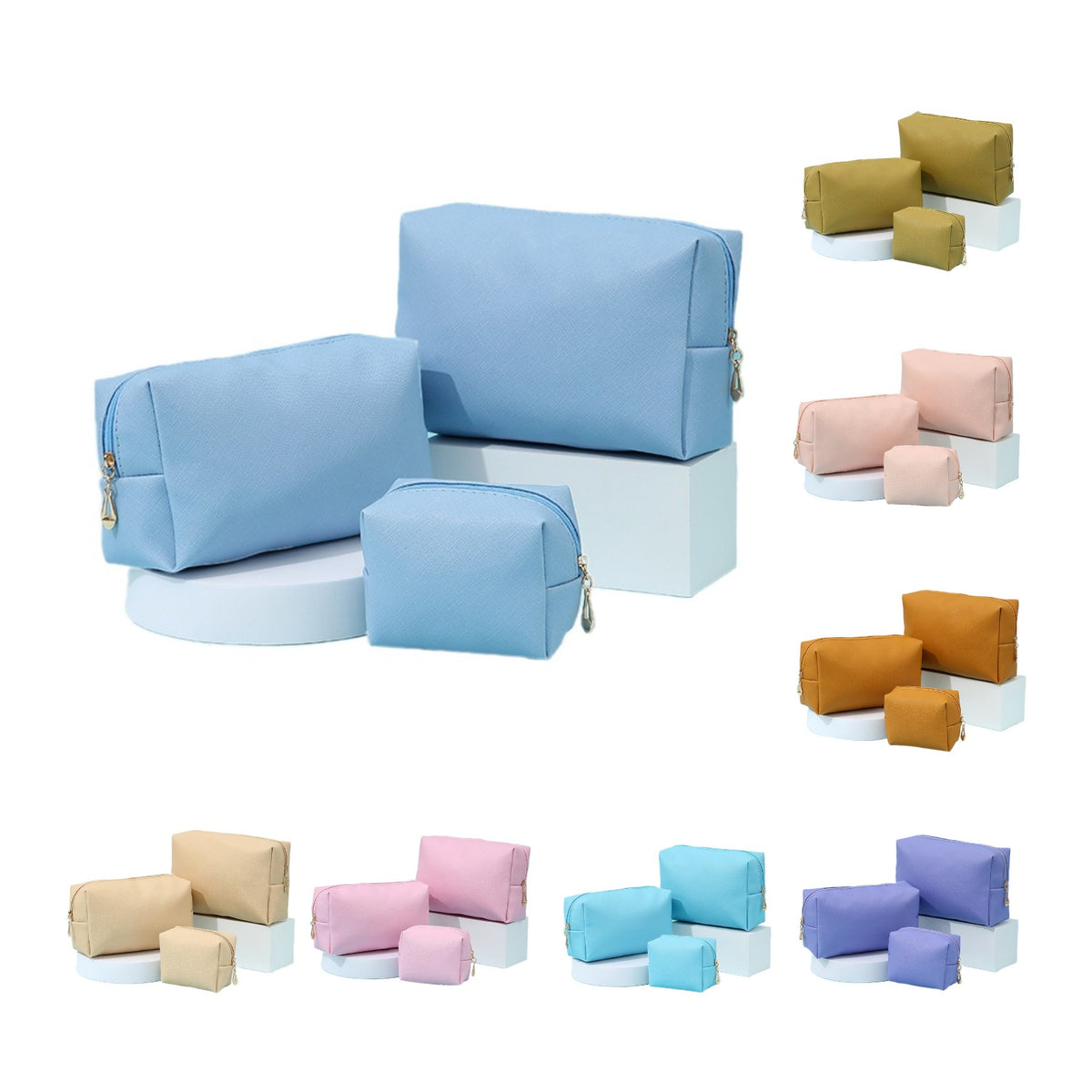 Pastel 3-Size Makeup Bag Set, PU Cosmetic Pouch Kit