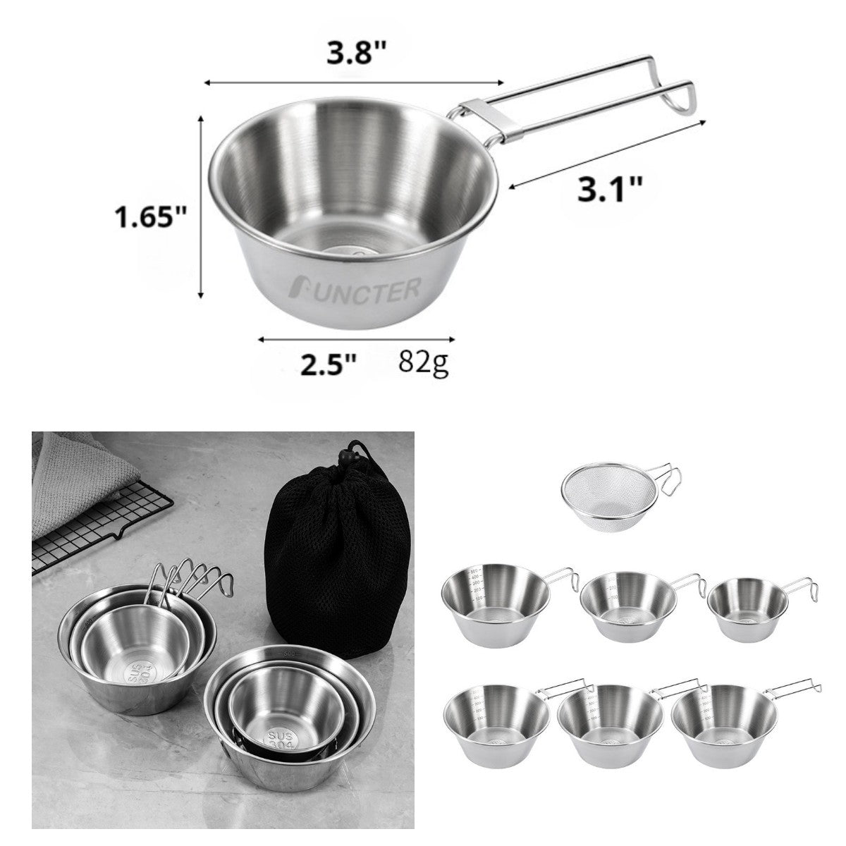 6 Oz. Small Outdoor Picnic Salad Bowl 304 Stainless Steel Bowl W/ Folding Handle