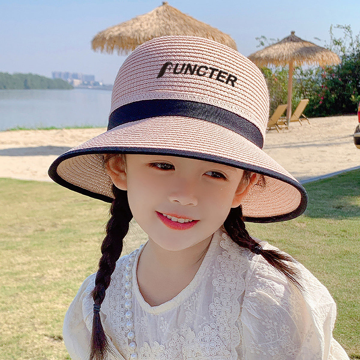 Girls Straw Sun Hat, Sun Protection Wide Brim Sun Hats Adjustable Topless Beach Hat For Kids