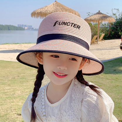 Girls Straw Sun Hat, Sun Protection Wide Brim Sun Hats Adjustable Topless Beach Hat For Kids