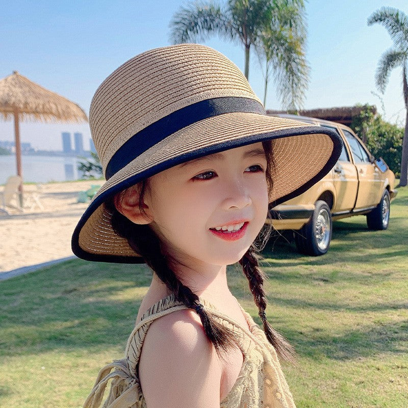 Girls Straw Sun Hat, Sun Protection Wide Brim Sun Hats Adjustable Topless Beach Hat For Kids