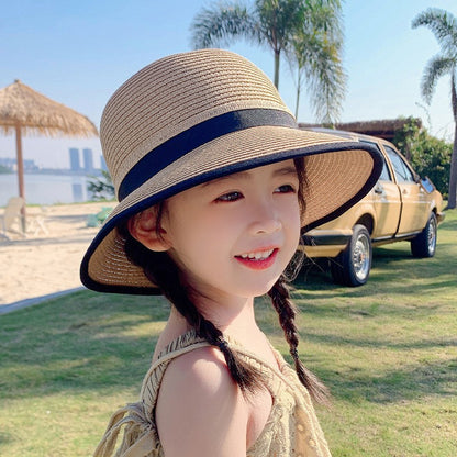 Girls Straw Sun Hat, Sun Protection Wide Brim Sun Hats Adjustable Topless Beach Hat For Kids
