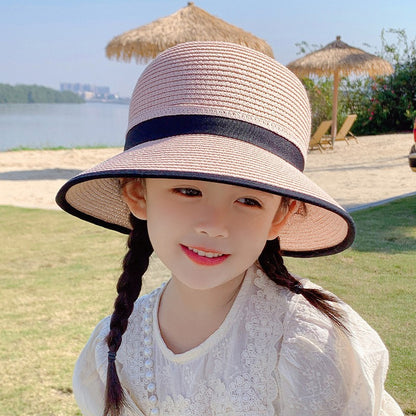 Girls Straw Sun Hat, Sun Protection Wide Brim Sun Hats Adjustable Topless Beach Hat For Kids