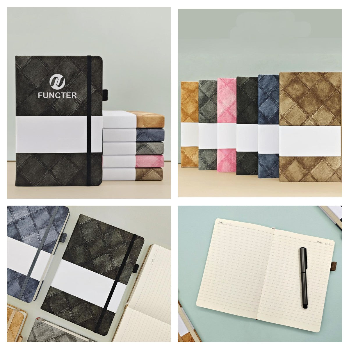 A5 Denim Grid Pattern Lined Notebook W/Pen Sleeve